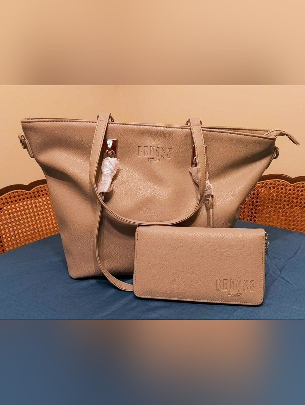BENÓSS Milan Zippered Tote Bag & Matching Wallet Set - Neutral Taupe / Beige